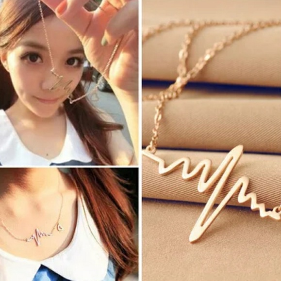 Gold Tone Heartbeat Rhythm Love EKG Necklace - Picture 3 of 4